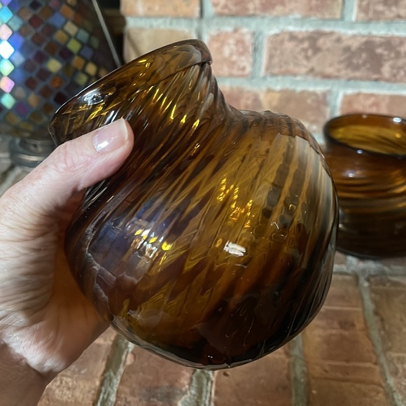 Vtg Hand Blown Amber Optic Swirl Glass Vase Trinket Bowl Set of 2 - Picture 5 of 11